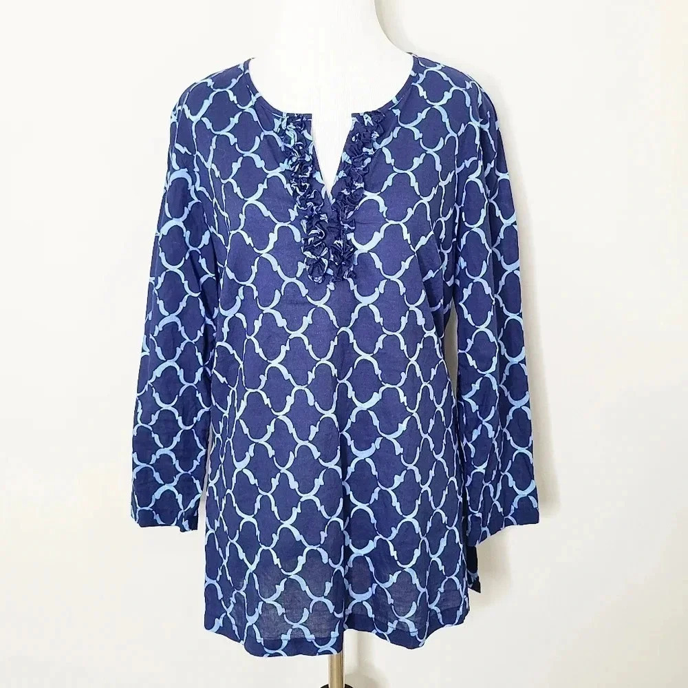 J. McLaughlin Blue Geometric Tunic Top XS